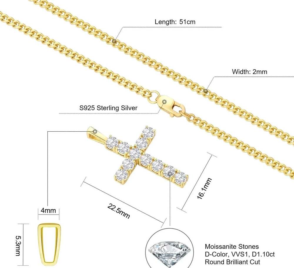 1.10ct Moissanite Cross Pendant Necklace S925 Sterling Silver 14k gold plated